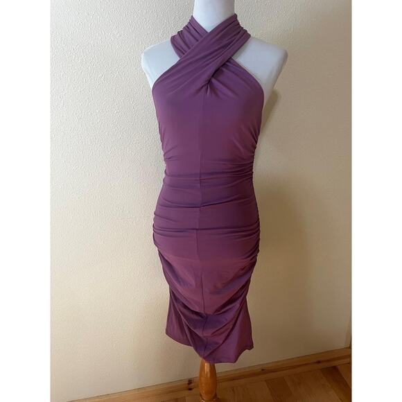 Susana Monaco Womens Dress Womens MEDIUM Grape Jam Halter Ruched Bodycon NEW - Picture 2 of 7